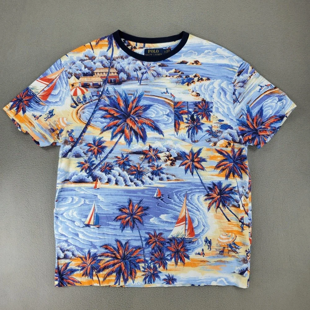 Polo Ralph Lauren T-Shirt Men M Blue Tropical Scenic Beach Pocket Graphic Tee
